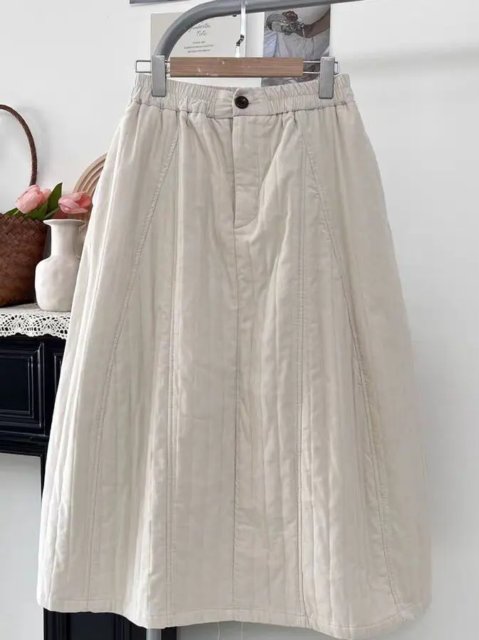 

Thiened вельветовая юбка трапециевидной формы с высокой талией для женщин, винтажная повседневная длинная юбка художественного цвета для поездок на работу