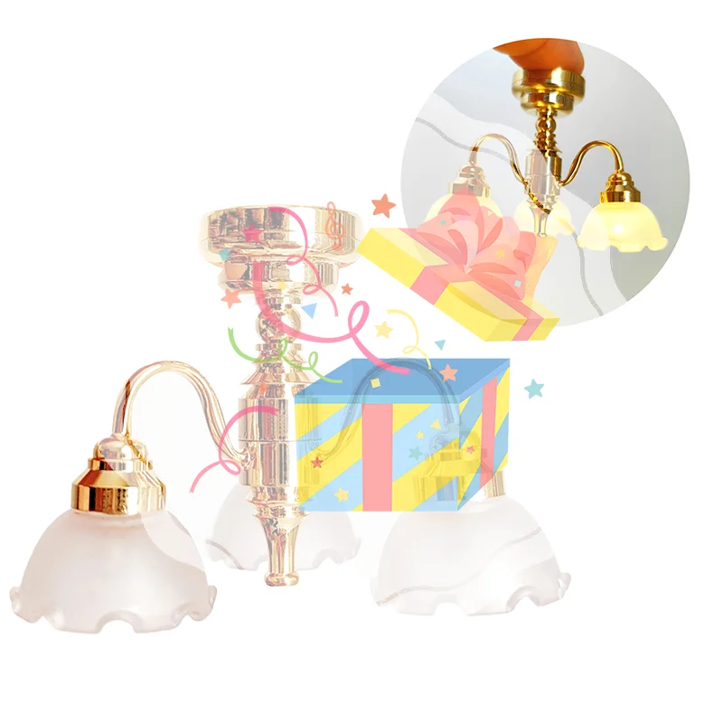 

1:12 Dollhouse Miniature LED Golden Ceiling Lamp Chandelier Home Lighting Model Furniture Decor Toy Doll House Accessories