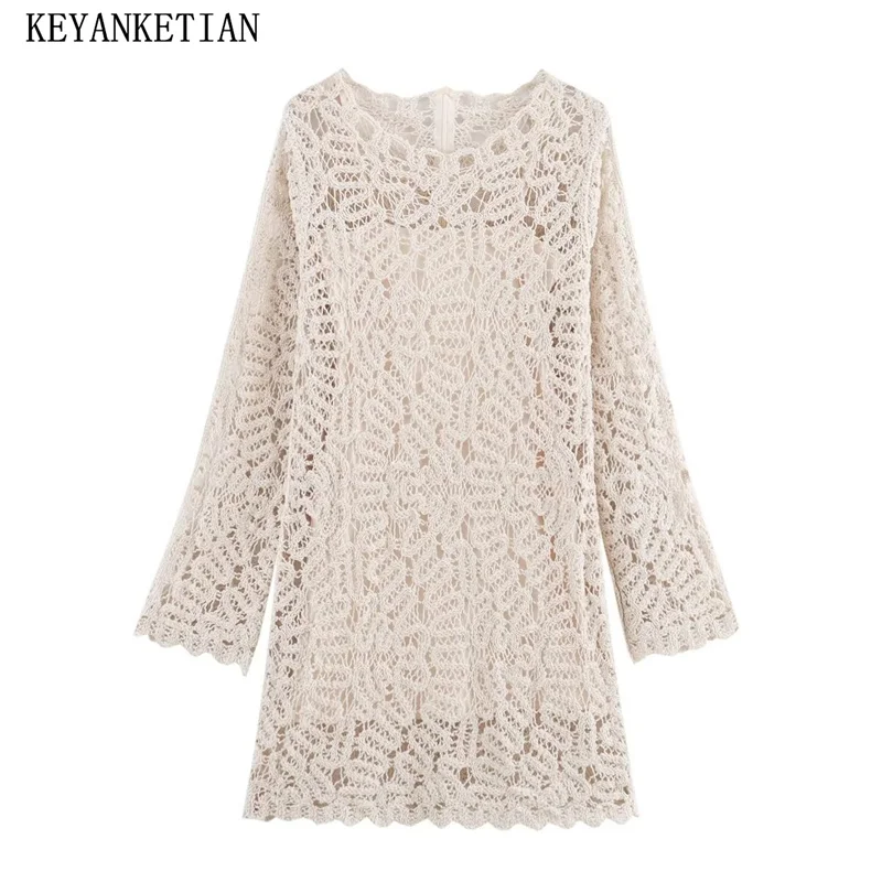 KEYANKETIAN New Women's Hollow out Crocheted Floral Knitted Dress Bohemian Holiday wind Long Sleeve MIDI Dresses Two Pieces Sets