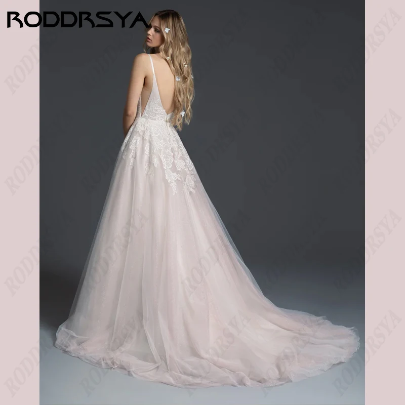 RODDRSYA-Robe de mariée dos nu à col en V profond pour femmes, bretelles spaghetti, fibroPatients, robe bohème sexy, vêtements de plage-Robe de mariée dos nu à col en V profond pour femmes, bretelles spaghetti, fibroPa