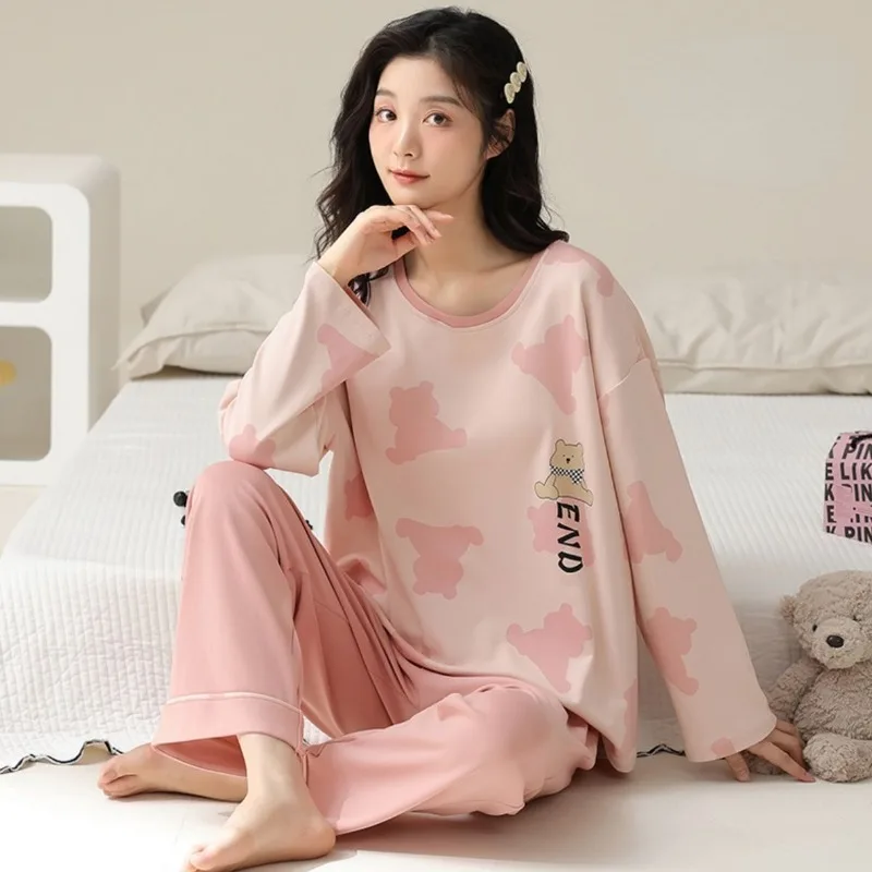 2024 New Cotton Pajamas Chest Pads Women Spring Autumn Loungewear Long Sleeve Trousers Sleepwear Loose Casual Pullover Homewear