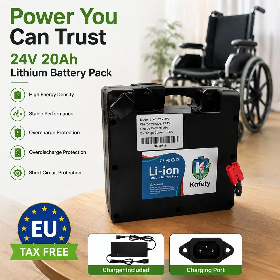 Batteria LiFePO4 da 24V 20Ah per Sedia a Rotelle Elettrica da 24V con Funzione Saliscale, con BMS, Sistema Antiesplosione da 850W + Caricabatterie