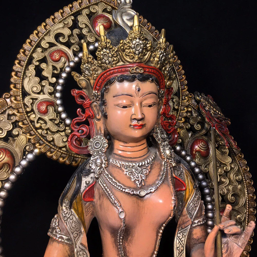 Copper Painted With Halo Sitatapatra White Umbrella Goddess Statue Serene Face Fine Workmanship Heavy Patina