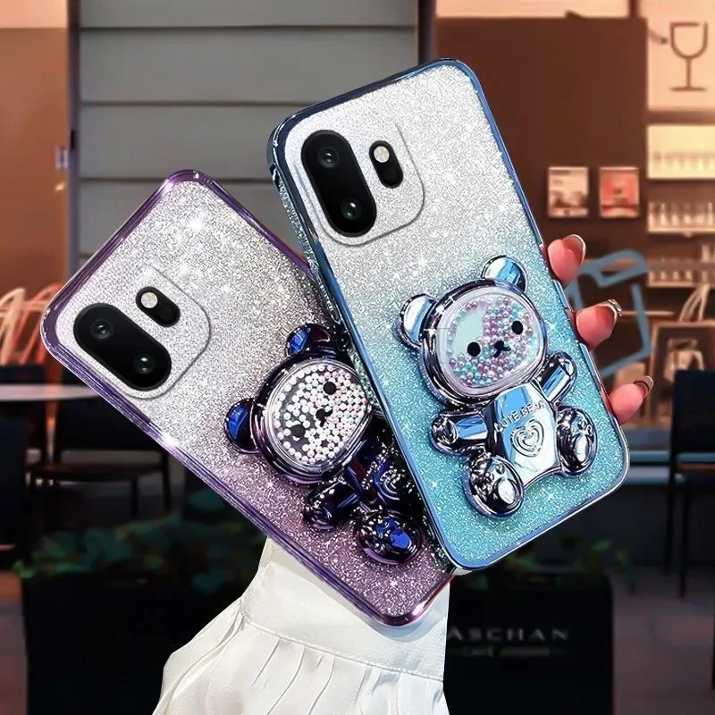 Skinlee For OnePlus 15T 15R 5G Fashion Bear Bracket Case For OnePlus 15T 15R 5G Plating ShockProof Phone Back Cover