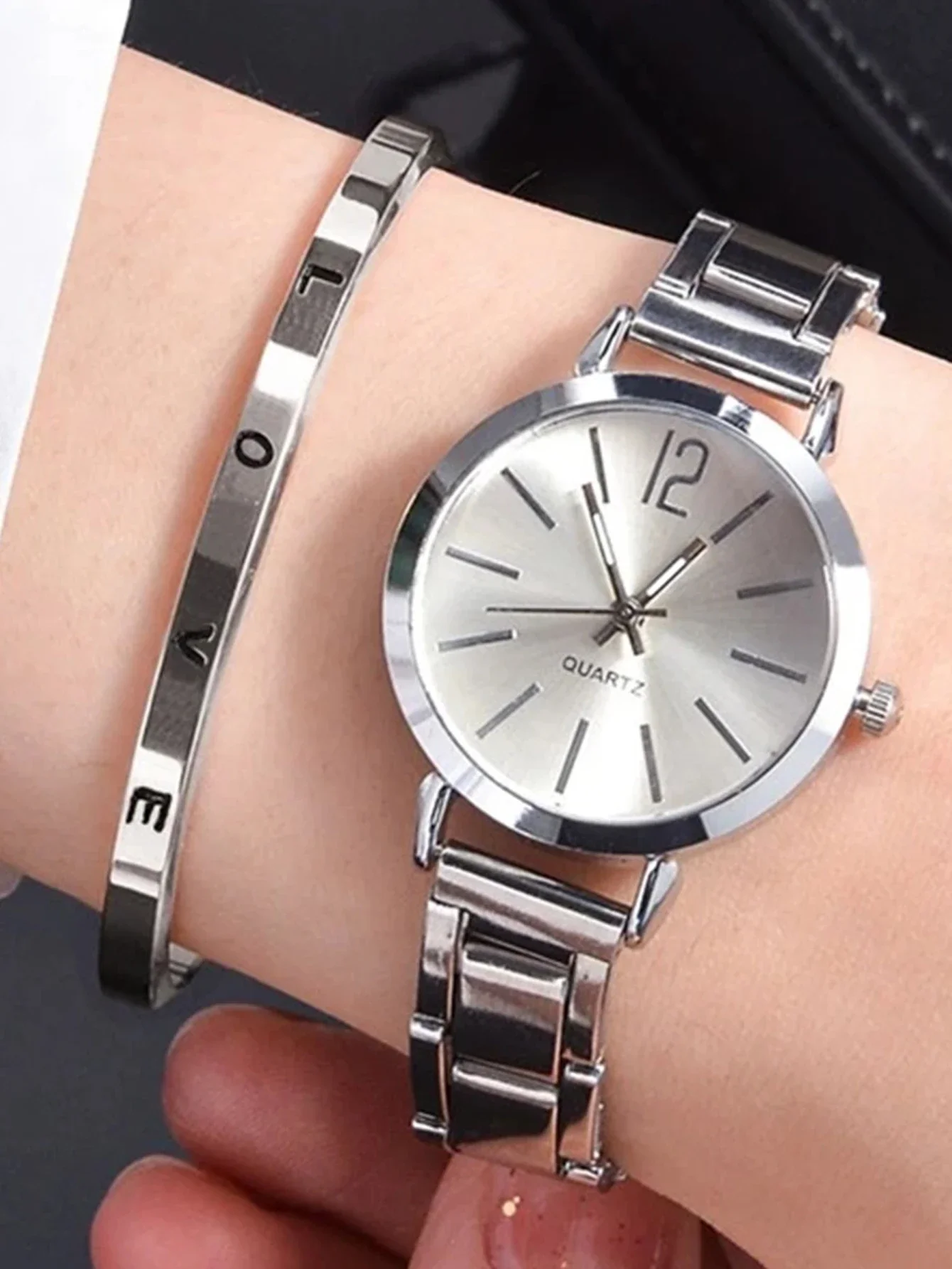 2pcs set Fashion gold graduated compact women's quartz watch and LOVE bracelet set watch gift daily travel wear relogio