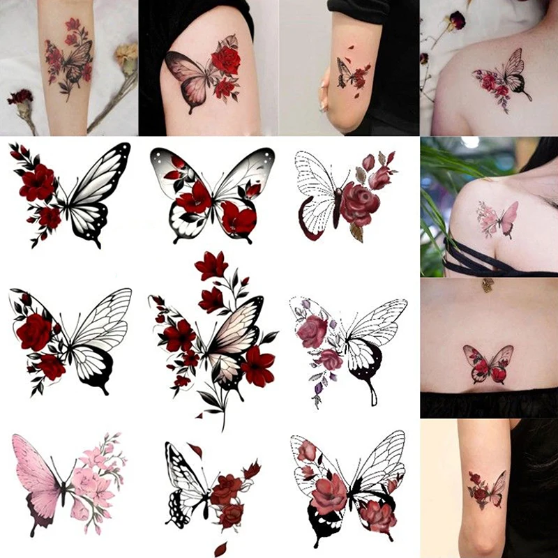 

9/10 Sheets Butterfly Rose Waterproof Temporary Tattoo Stickers Arm Ankle Female Fake Tattoo Collarbone Flower Art Tattoo