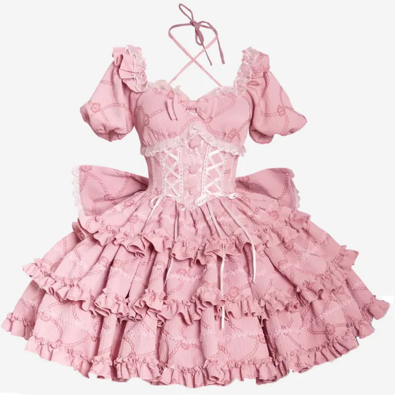 

Lolita OP Dress Women Vintage Lovely Bow Ruffle Puffy Party Princess Dresses Japanese Sweet Girls Fairy Dress Sissy Maid Cosplay