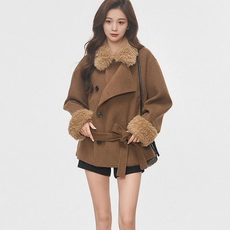 Women Korean Style Fashion Vintage Wool Coat Girls Winter Thick Warm Fur Collar Belted Wool Blend Elegant Retro Outerwear