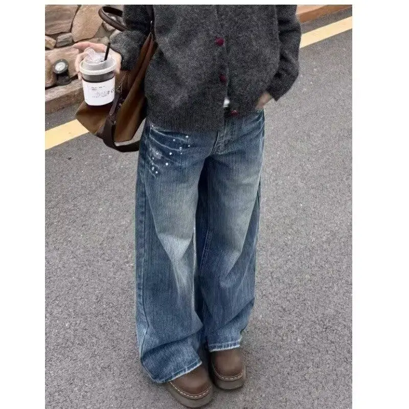 

Американские джинсы Cleanfit в стиле ретро с заклепками и молнией, свободные прямые джинсы для мужчин и женщин, молодежный дизайн, полиэфирное волокно