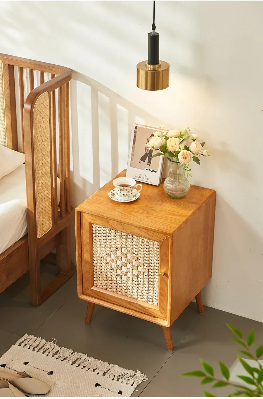 Wabi Sandy Wind Solid Wood Rattan Bedside Table Retro Style Bedroom Simple Storage Cabinet