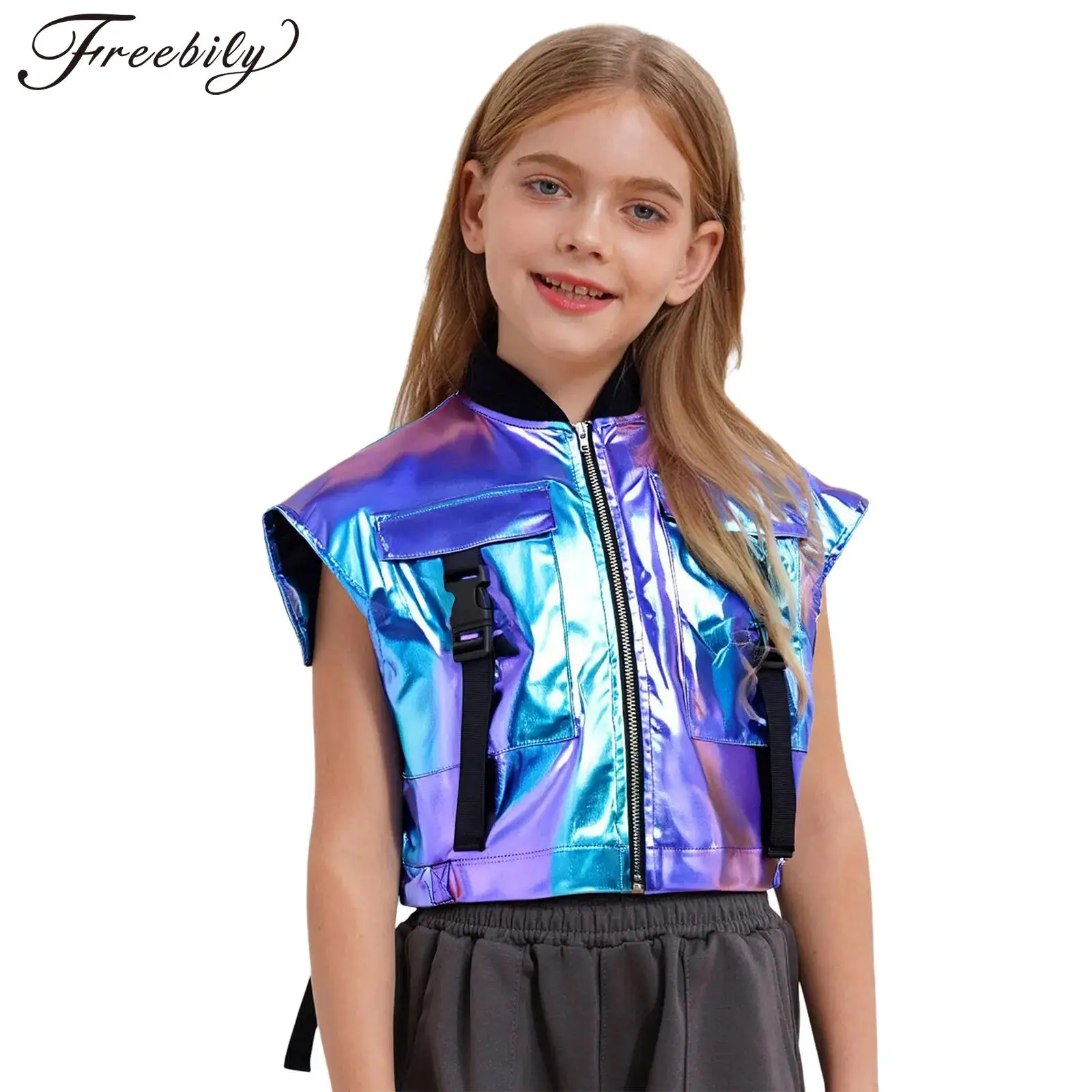 

Детские металлизированные танцевальные топы в стиле хип-хоп для девочек, укороченная куртка на молнии, танцевальные топы для джаза, карнавальный костюм