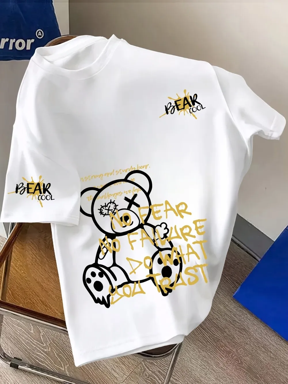 Fashionable men's summer personalized teddy bear letter print comfortable and breathable round neck T-shirt outdoor street top