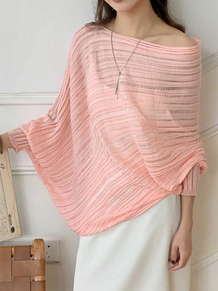 Beige Hollow Out Knitting Sweater Slash Neck Long Sleeve Women Pullovers New Fashion Tide Spring Summer
