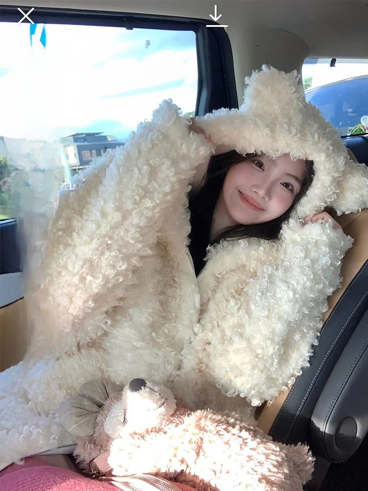 

White Water Women's Bear Fur Trimmed Zipper Jaet Loose Fit Korean Sle Polyester Fiber Long Sve Thiened Winter Coat