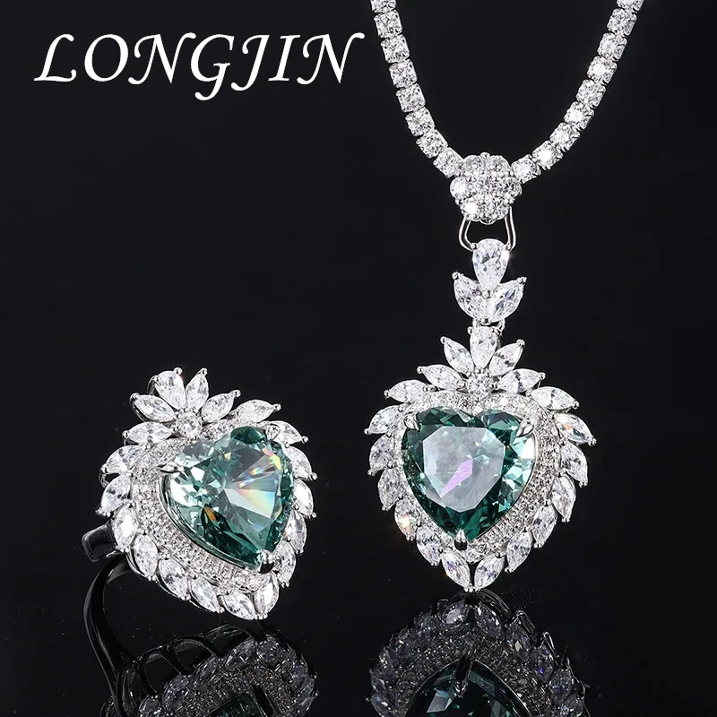 

S925 Sterling Silver Mint Green 15*15 High Carbon Diamond Heart-shaped Crystal Ring Necklace Set Women's Jewelry Vintage Gift