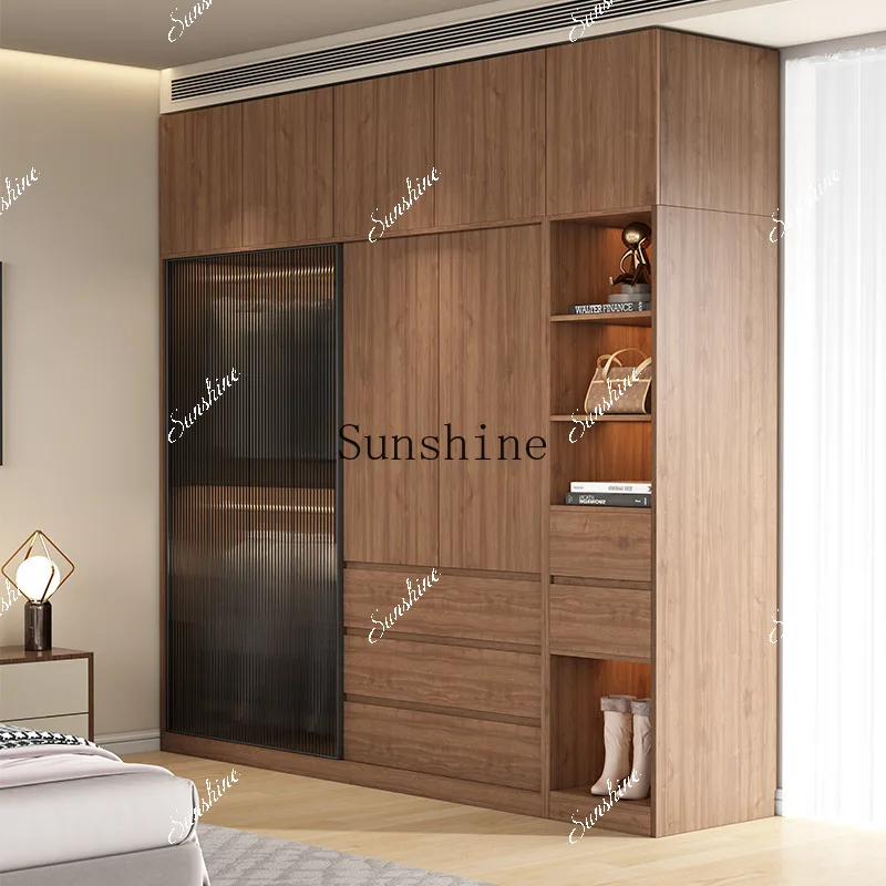 Nordischer Kleiderschrank, moderne, einfache Glasschiebetür-Baugruppe, Massivholz-Granulatbrett FT