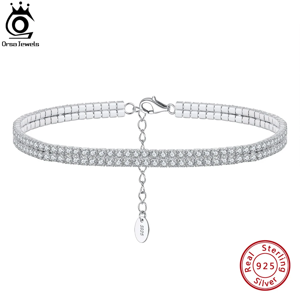 ORSA JEWELS 925 Sterling Silver 2 Rows Tennis Chain Anklet Clear AAAA Zirconia Full Paved Anklet for Ladies Birthday Gift SA20