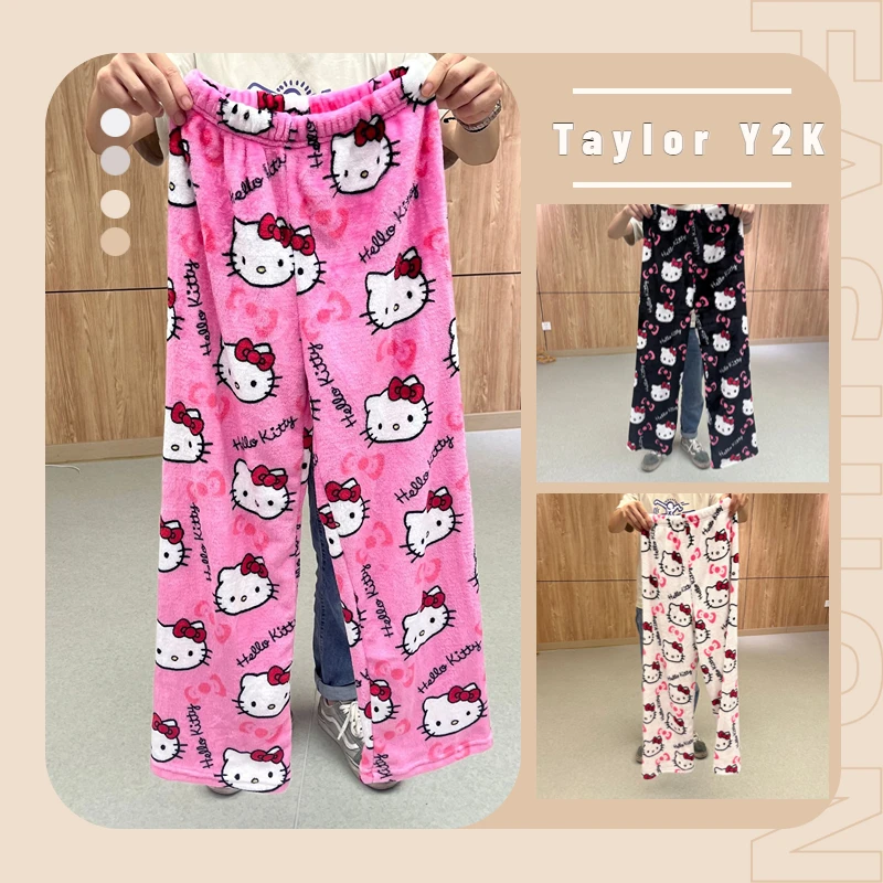 Kawaii Hello Kitty Pajamas Anime Figure Sanrios Y2K Plush Pants Fashion Casual Home Women\'s Trousers Santa Bottom Clothes Gift