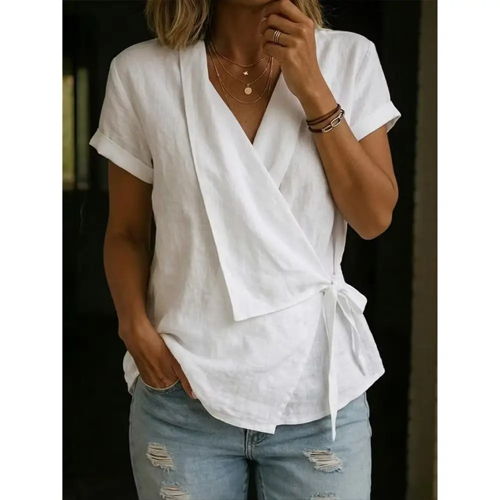 100% pure cotton women's top, pure cotton fabric is breathable and loose,and the side lace-up is knotted and closed at the waist
