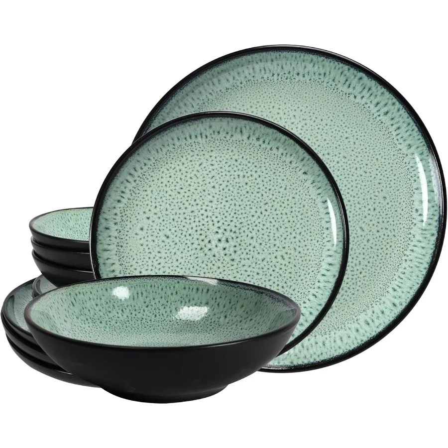 

Набор столовой посуды из 12 предметов, обслуживание на 2, зеленый, набор посуды с реактивной глазурью, набор тарелок и мисок, посуда премиум-качества, уникальная посуда