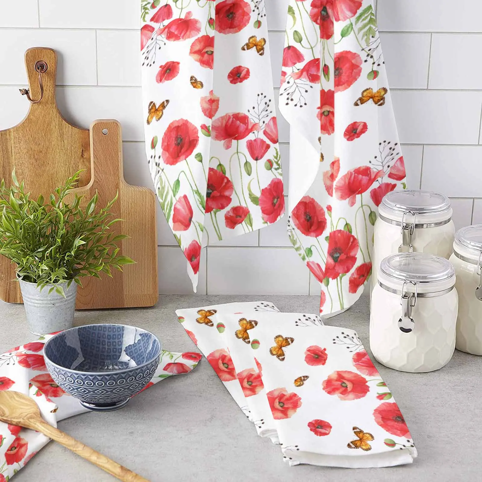 Red Watercolor Poppy Flower Kitchen Towel Absorbent Dish Cloth Tableware Towel for Kitchen Household Cleaning Tool