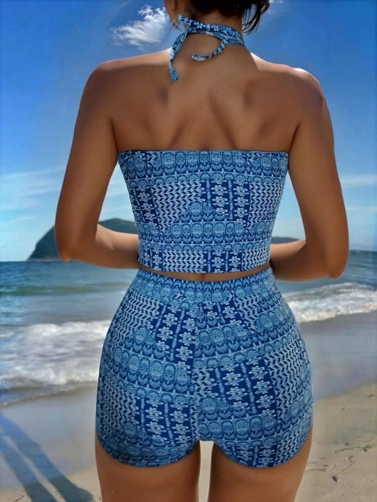 Two Piece Swimsuit Women 2026 New Blue Halter Sexy Swimwear Summer Bikini High Waist Swimming Beachwear Bathing Suit For Female