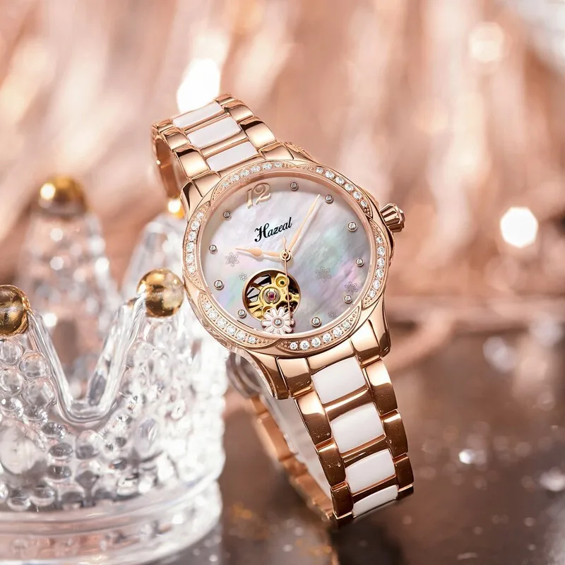 HAZEAL Women's Automatic Mechanical Watch Luxury Switzerland Brand Sapphire Rhinestone Dial Skeleton 50M Water Resistance 521313