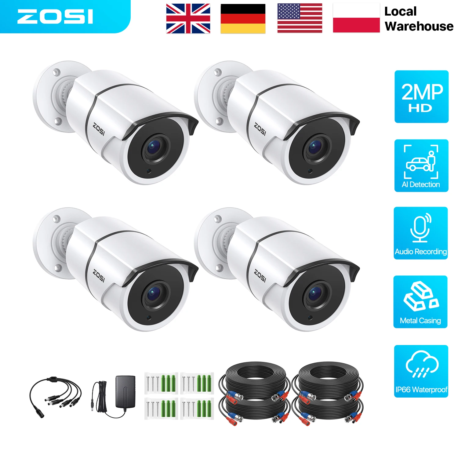 ZOSI 4 Pack 1080P Home Security Cameras Built-in Microphone, with Audio Recording, 1920TVL 2.0MP HD-TVI Surveillance Cameras