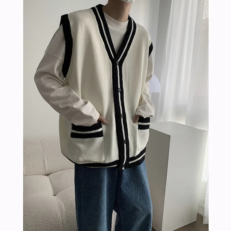 Winter Knitwear Sweater Vest Men Fashion Casual Knit Sweater Cardigan Men Korean Loose Sleeveless Sweater Mens Jumper Clothes