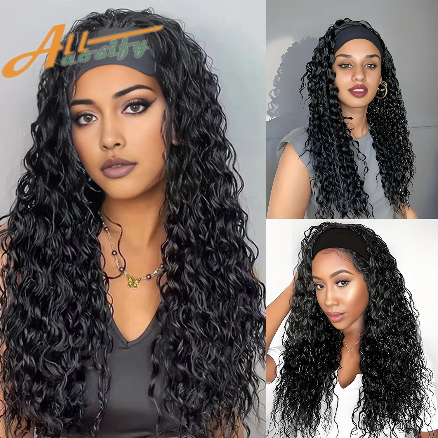

28inch Synthetic black silk scarf small curly wig women's curly hair no bangs long curly hair heat-resistant headgear wig