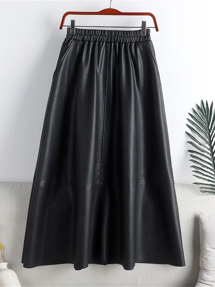

High Waist A-Line Leather Skirt for Women Mid-Length Street Sle Pure Color Polyester Fabric Summer Faion f Body Skirt