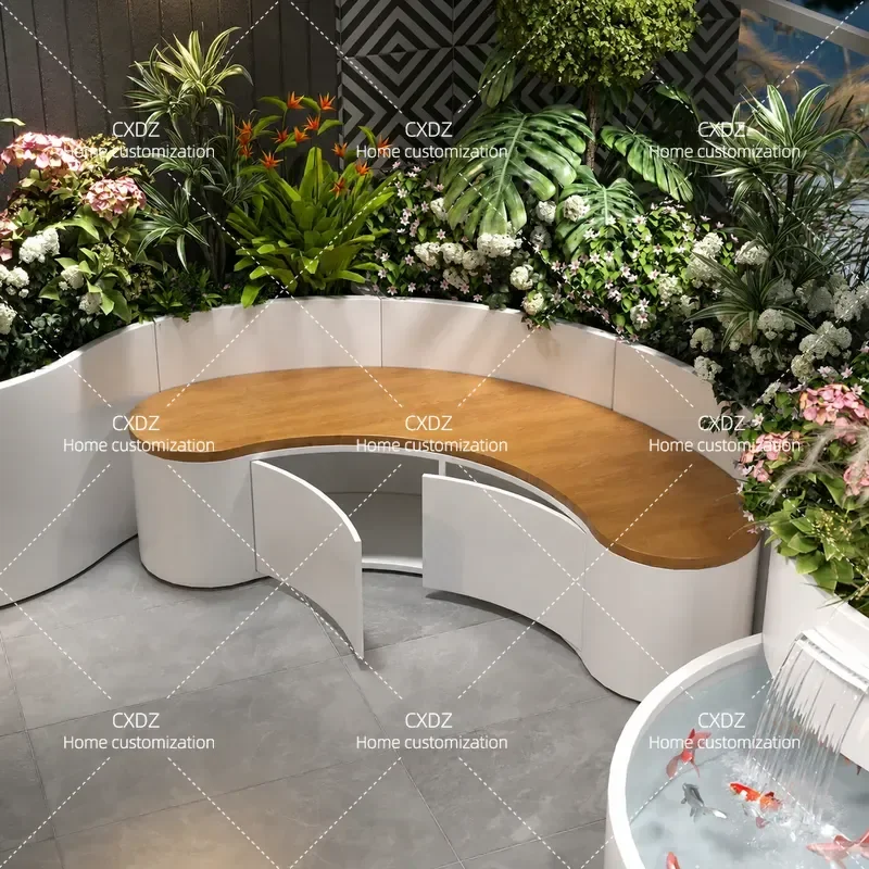Stainless Steel Curved Water Feature Fish Pool with Flower Box Bench Combo for Balcony Garden Landscape Planting Customizable