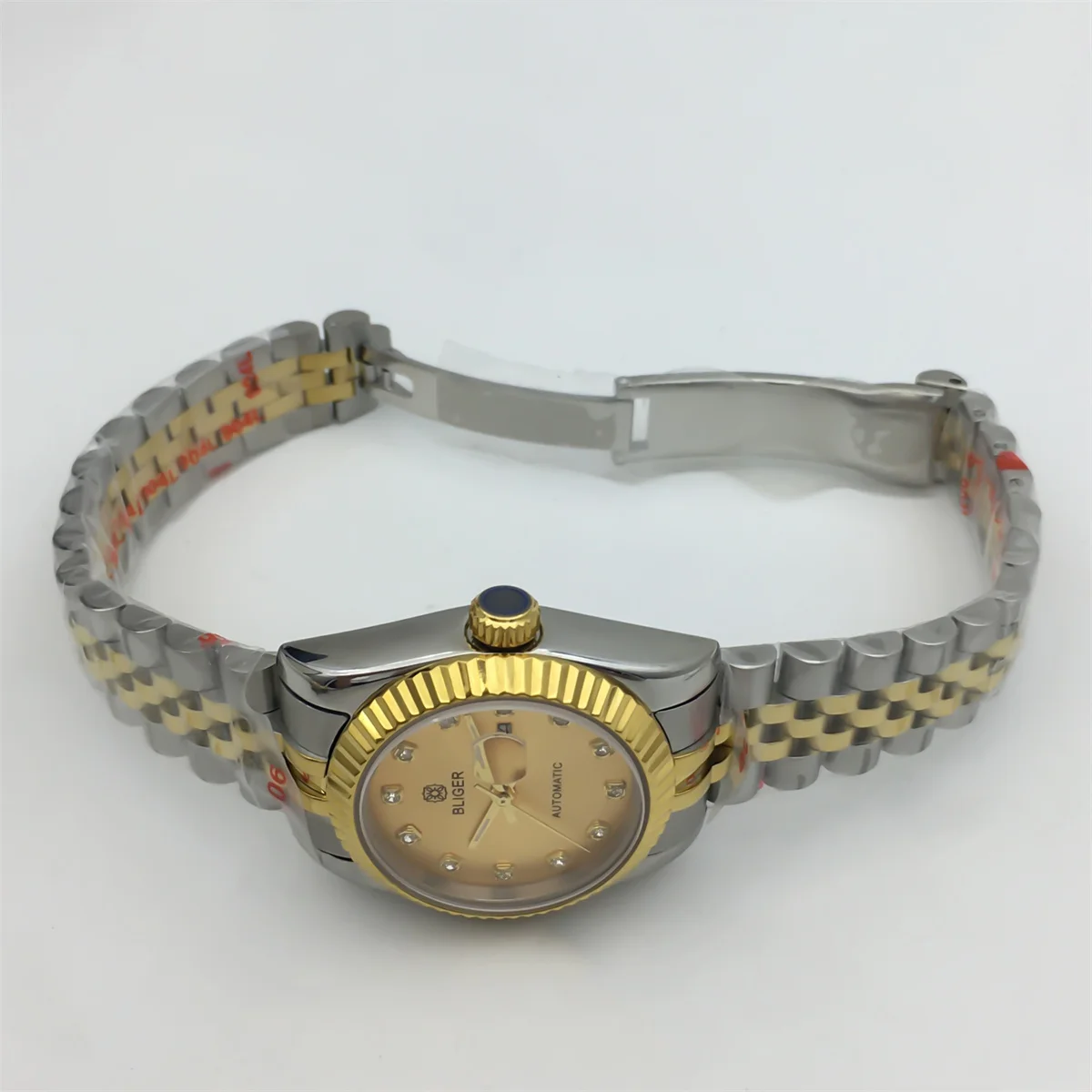 BLIGER 31mm Women's automatic waterproof watch NH05 Two-tone Gold bracelet recessed bezel Sapphire glass Gold white shell dial