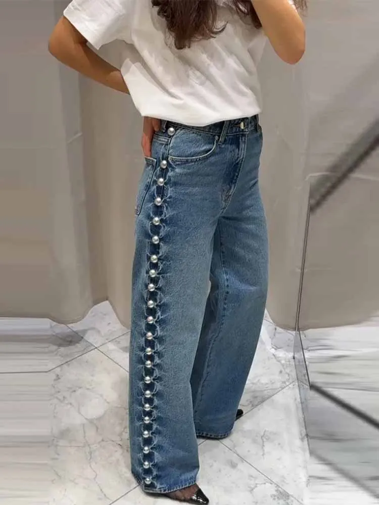 BKQU Fashion Side Beading Women's Jeans Straight Baggy High Waist Pocket Zipper Denim Pants 2025 Casual Lady Streetwear Trousers