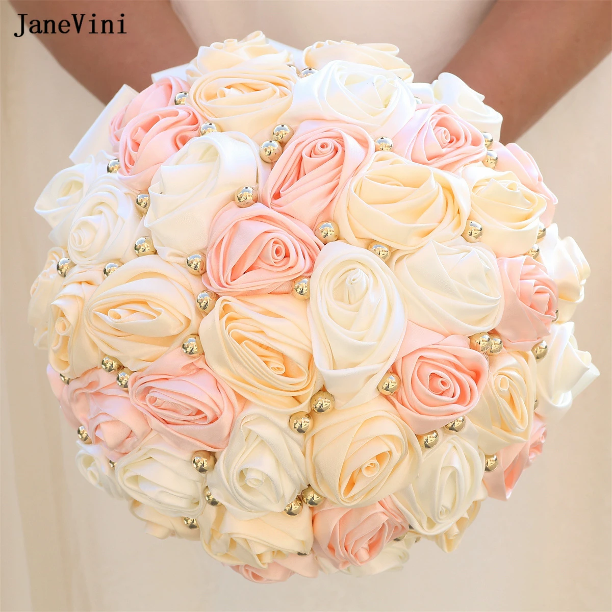 JaneVini 2024 Elegant Light Pink Ivory Flowers Bridal Bouquets Gold Pearls Artificial Satin Roses Korean Style Wedding Bouquet