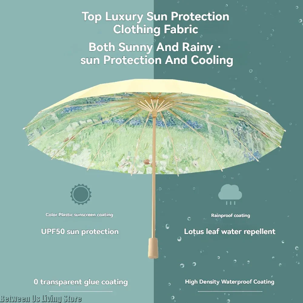Floral Printed 3 Folding Umbrella Windproof Waterproof Sunny and Rainy 16 Bones Umbrella UPF50+ UV Sunshade Parasol Gifts