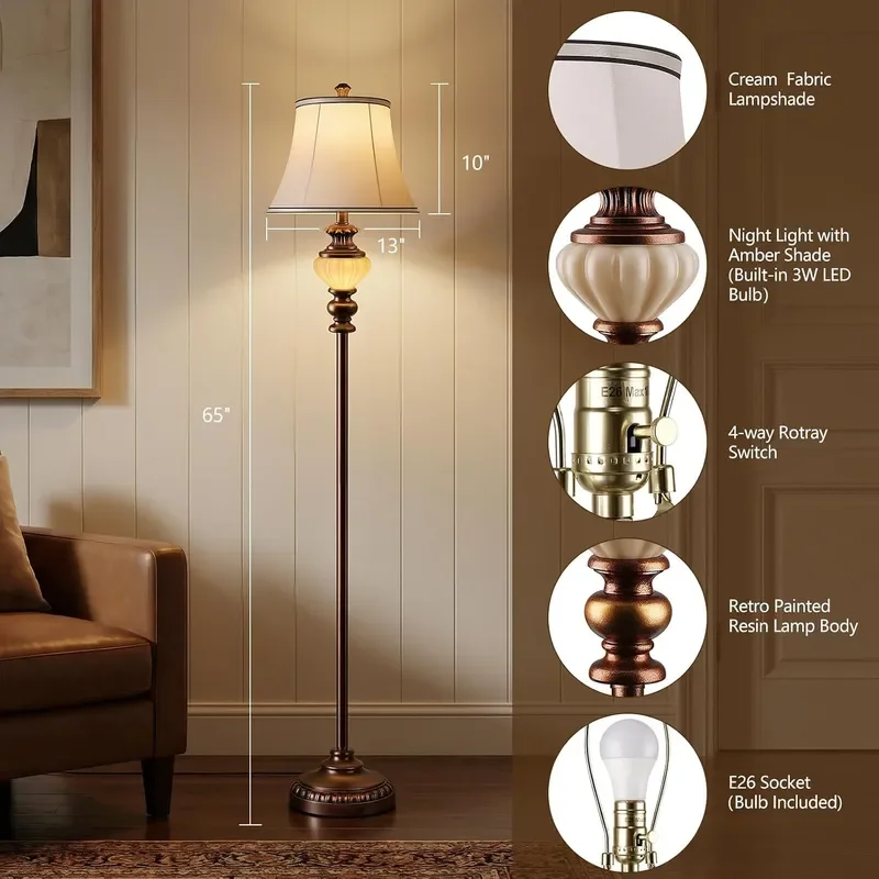 65 Vintage Floor Lamp for Living Room Retro Farmhouse Standing Lamp with Nightlight Tall Lamp with Fabric Shade and Rotary
