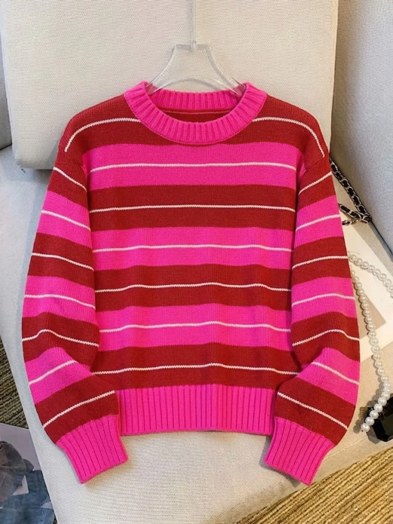 Dopamine Sweet Cool Style Striped Knit Sweater Crew Neck Loose Long Sleeve Hot Pink Colorblock Casual Pullover