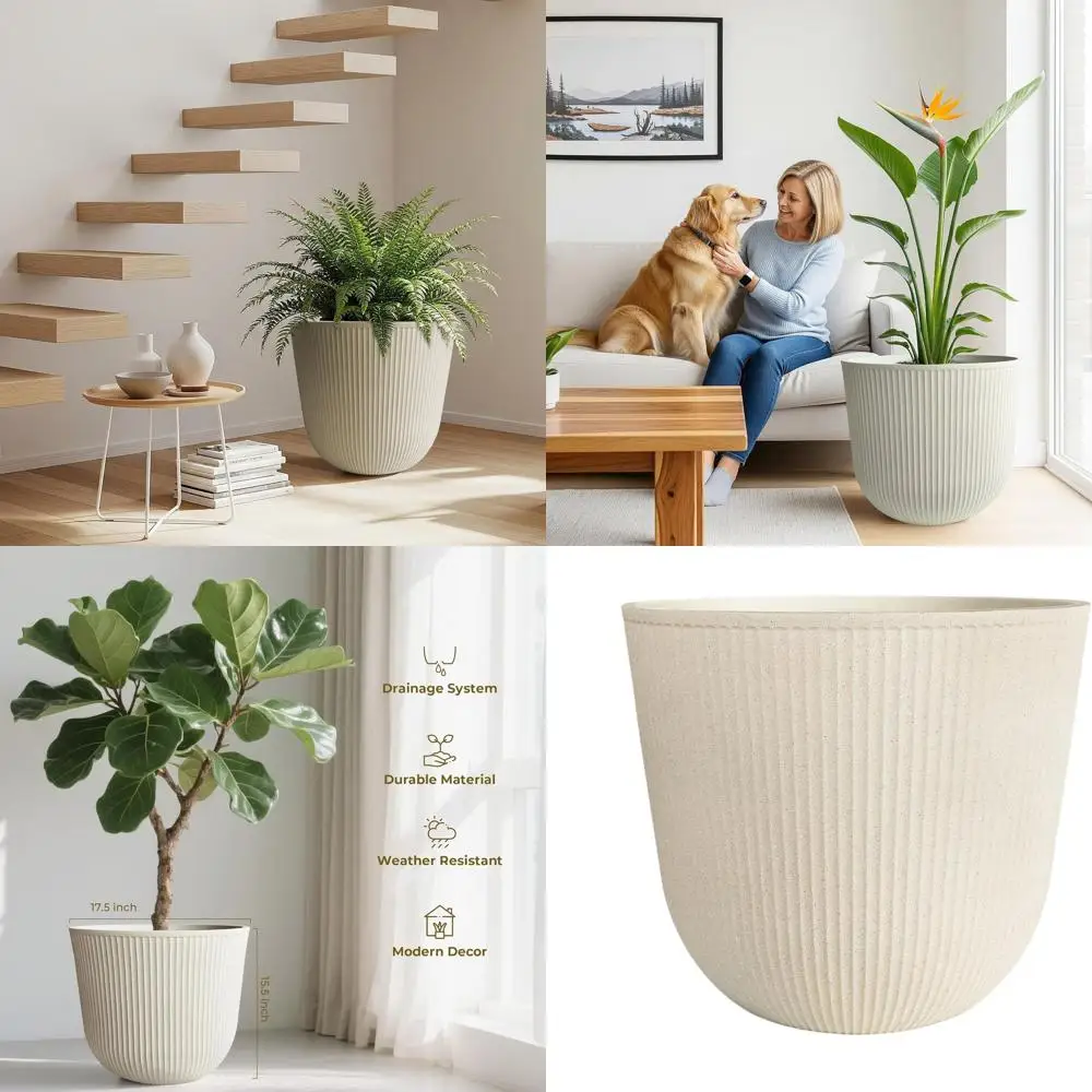 

Большой круглый горшок для растений - диаметр 17,5 см, высота 15,5 см - прочный бежевый пластик с текстурированной поверхностью, подходит для использования в помещении и на улице.