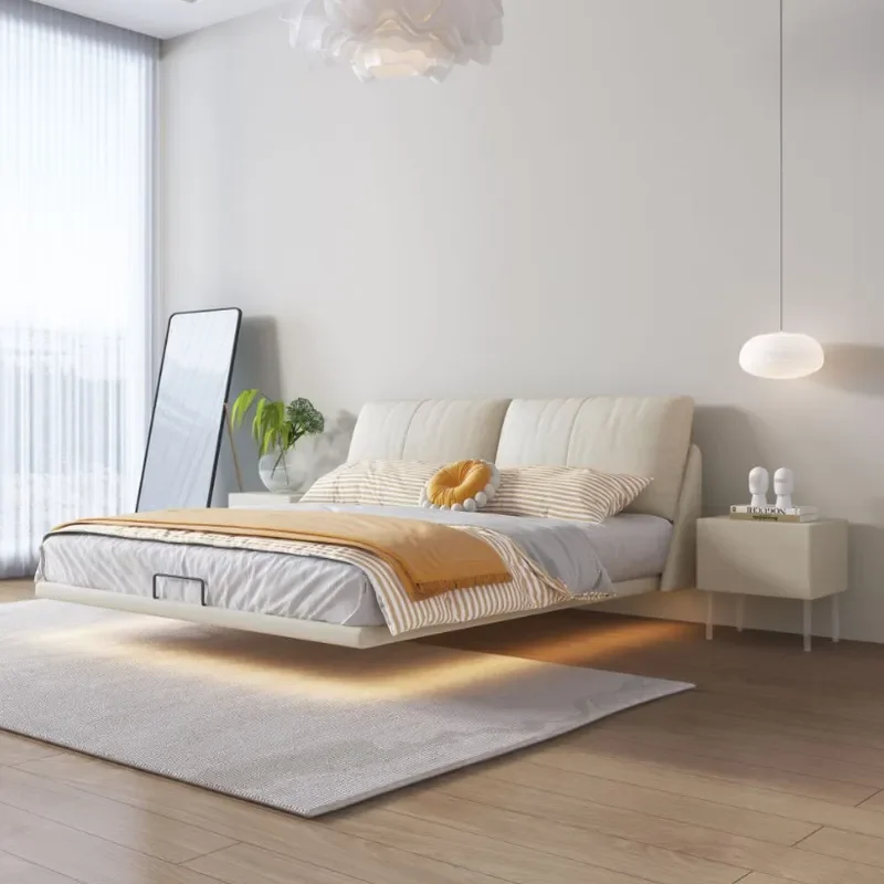 for Simple Modern Fabric Suspended Bed Cream Style Flush Edge Soft Bed Light Luxury Master Bedroom Double Soft Upholstered