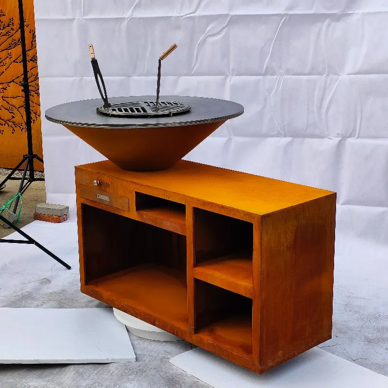With Wheels Rusty Finish Heavy-Duty for Outdoor Garden Cooking Hot Sale Corten Steel BBQ Fire Pit Charcoal Grill