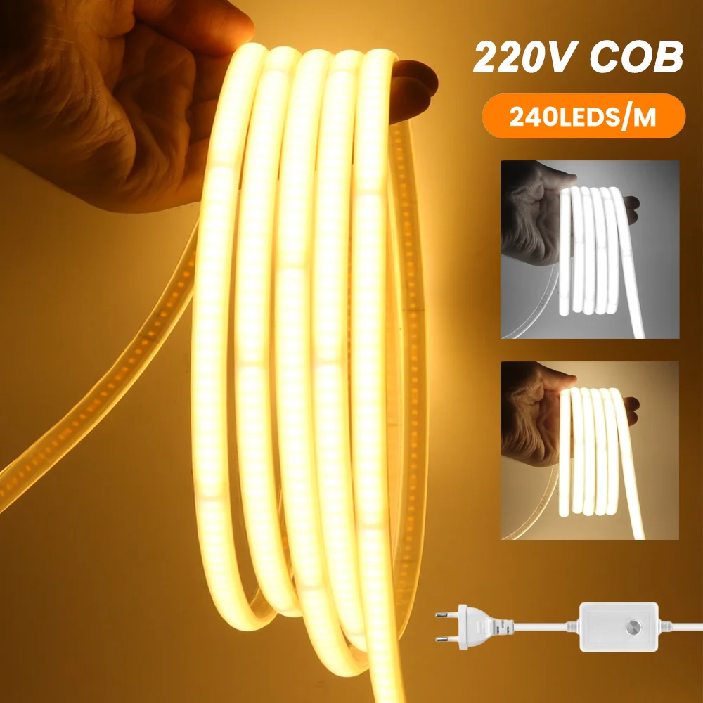 

Dimmable COB Neon Light 220V 240Leds/m EU Plug Waterproof Ribbon LED Strip 3000K 4000K 6000K RA90 High Bright FOB LED Lights
