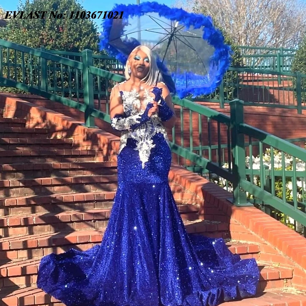 EVLAST personalizado azul real lentejuelas sirena vestido de graduación de manga larga para niñas negras vestido de Gala de cumpleaños con cuentas de diamantes de imitación P38