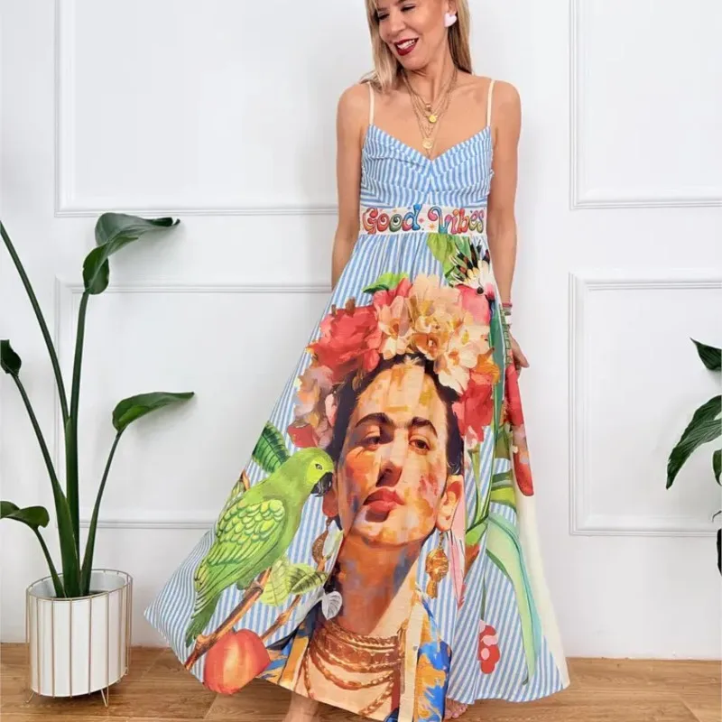 2026 Sommer Mode Neues Elegantes Boho-Kleid für Damen, A-Linie Strandurlaub Bedrucktes Graffiti Loses Trägerkleid Lang