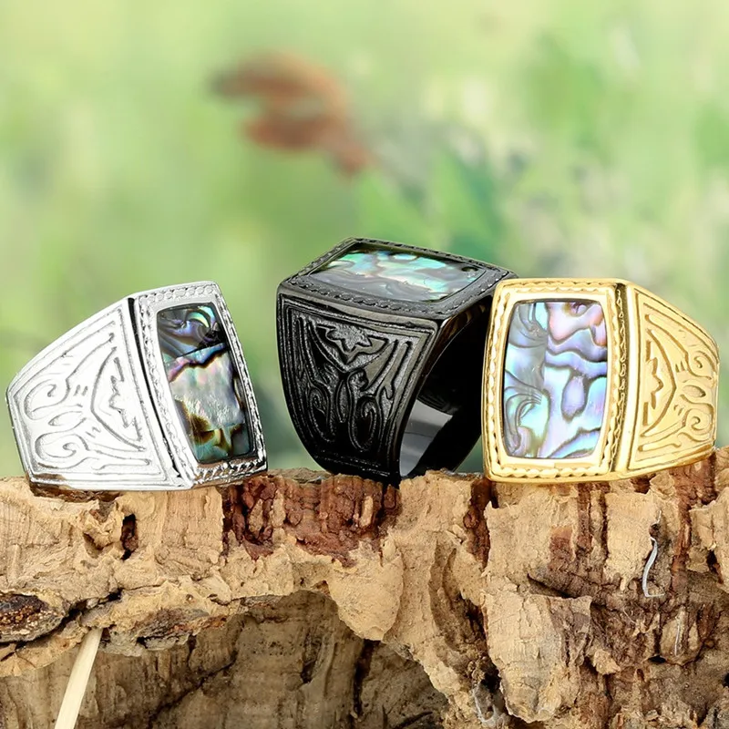 Vintage Pattern Carving Stainless Steel Rings for Men Colorful Gemstones Titanium Masculine Big Finger Bands Bague Man Cool