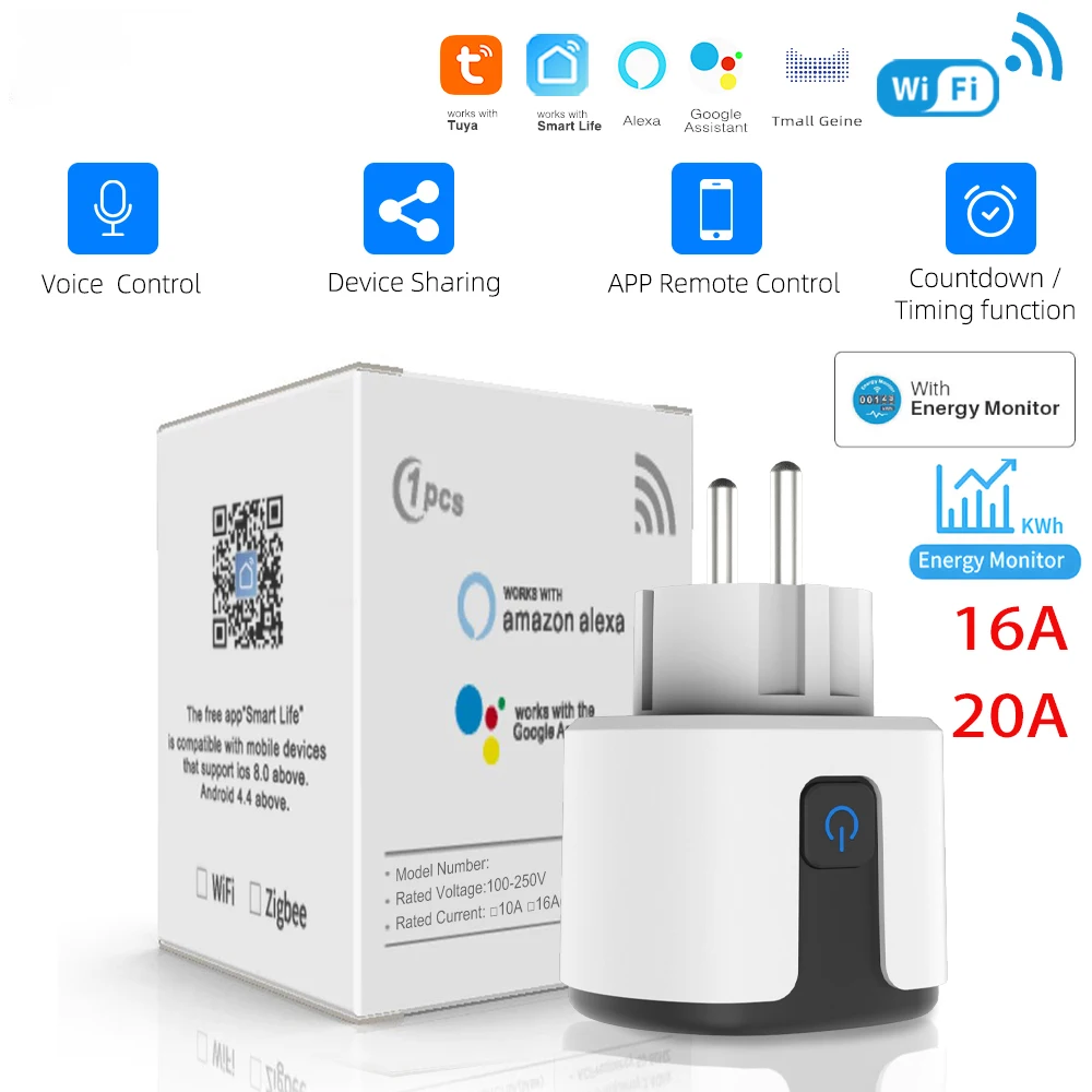 Tuya WiFi inteligentna wtyczka 16A/20A EU inteligentne gniazdo z monitorowaniem mocy funkcja odliczania czasu sterowanie głosem wsparcie Alexa