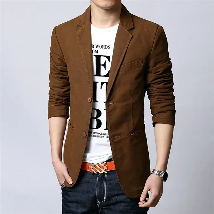 Cotton Business Casual Men Blazer Fashion Trend Slim Fit Solid Color Jacket Large Size M-6XL Khaki Black Brown Suit Coat