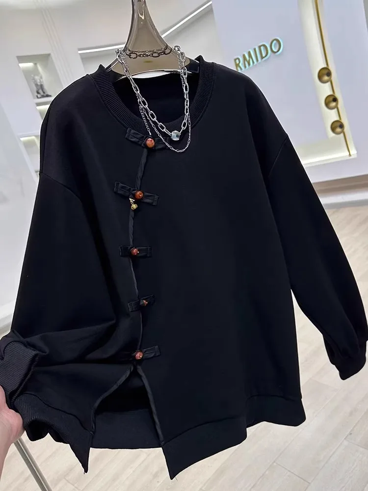 

Loose round Ne Sweatirt Women's plus Size Spring New Sle Chinese National Sle Buttoned Top Sweet Sle Long Sve