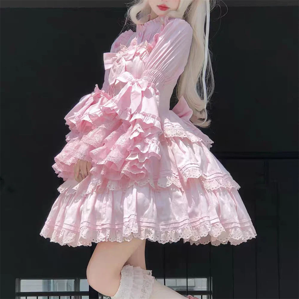 

Long Sleeve Lolita Sweet Kawaii Cosplay Holiday Party Blouse Pink Black White Stand Collar Solid Shirt Lace JK SK Ruffle Tops