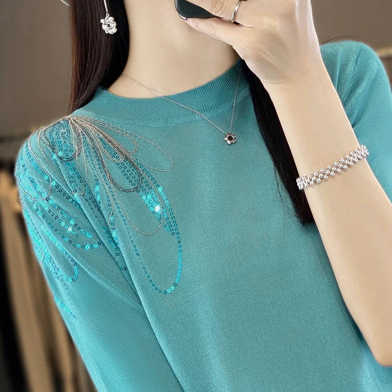 23 Summer New Tencel Knitted Short Sleeve Women\'s Round Neck Solid Color One Shoulder Sequin Sewn Loose Fashion Style Knit Shirt